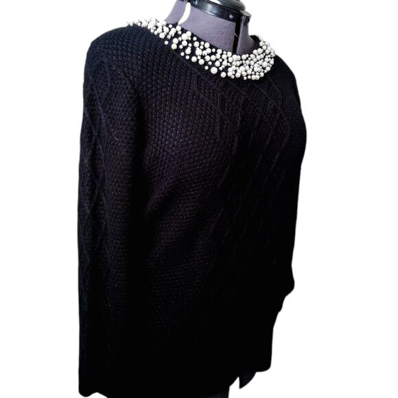 KARL LAGERFELD PARIS Black W/Pearl Embellished Neck Cable Knit Sweater Sz XL/16 - Picture 1 of 11